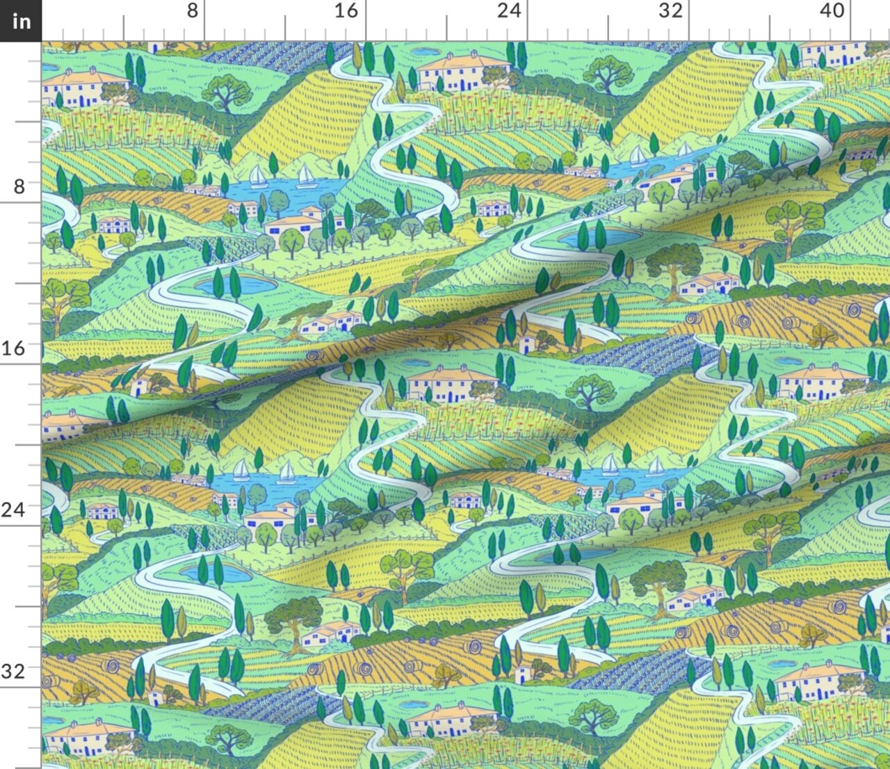 Multicolor Painting Farmland Villa Italian Landscape Large Scale Countryside Tuscan Mediterranean Custom Printed Fabric by Spoonflower Various Fabrics by the Yard or Fat Quarter
